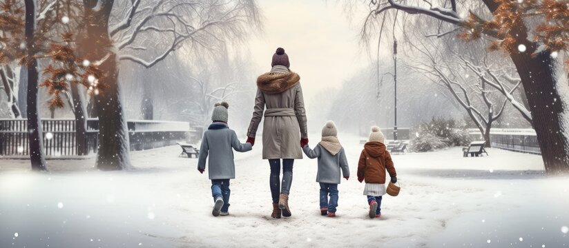 Happy family mother with small boy and girl in winter city park. Creative Banner. Copyspace image