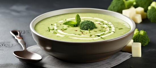 Green soup Broccoli cream soup with cream and parmesan Healthy vegan dish Top view at white table. Creative Banner. Copyspace image