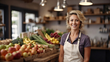 Obraz premium Woman greengrocer on background of organic fresh agricultural products at farmers market. Buying organic farm products. Healthy eating concept. Woman selling fruits and vegetables at a farmers market