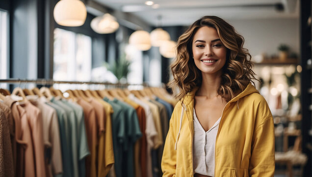 Talented smiling designer, personal shopper or successful saleswoman works in fashion industry. Her vibrant portrait exudes elegance and confidence. Woman owner in a boutique. Small business concept