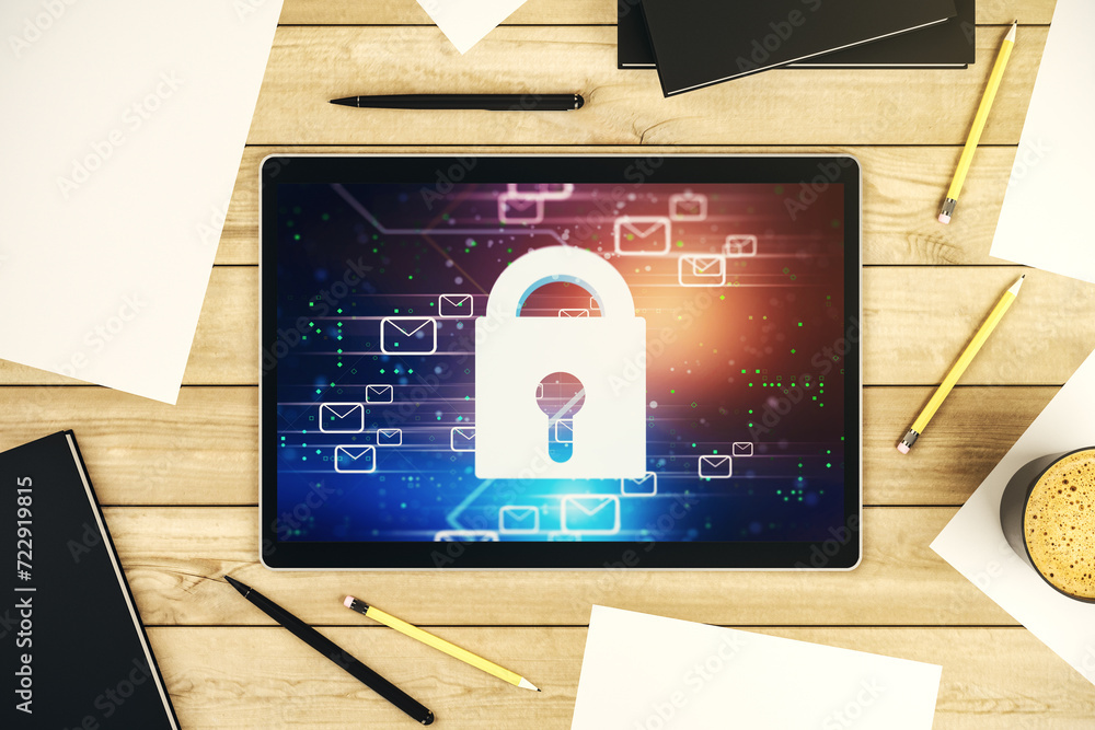 Poster creative lock sketch with email symbols hologram on modern digital tablet screen, protection of pers