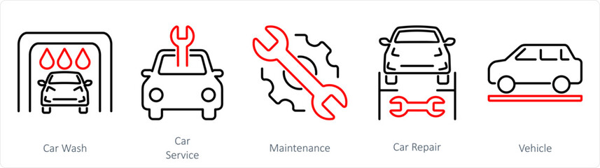 A set of 5 Car icons as car wash, car service, maintenance
