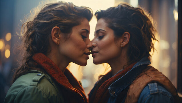 Cute Portrait Of A Gay Lesbian Couple. Two Beautiful Women Kiss Each Other And Smile. Happy LGBT Marriage. Concept For LGBT Rights, Same-sex Marriage Beautiful Young Lesbian Couple Posing In Nature