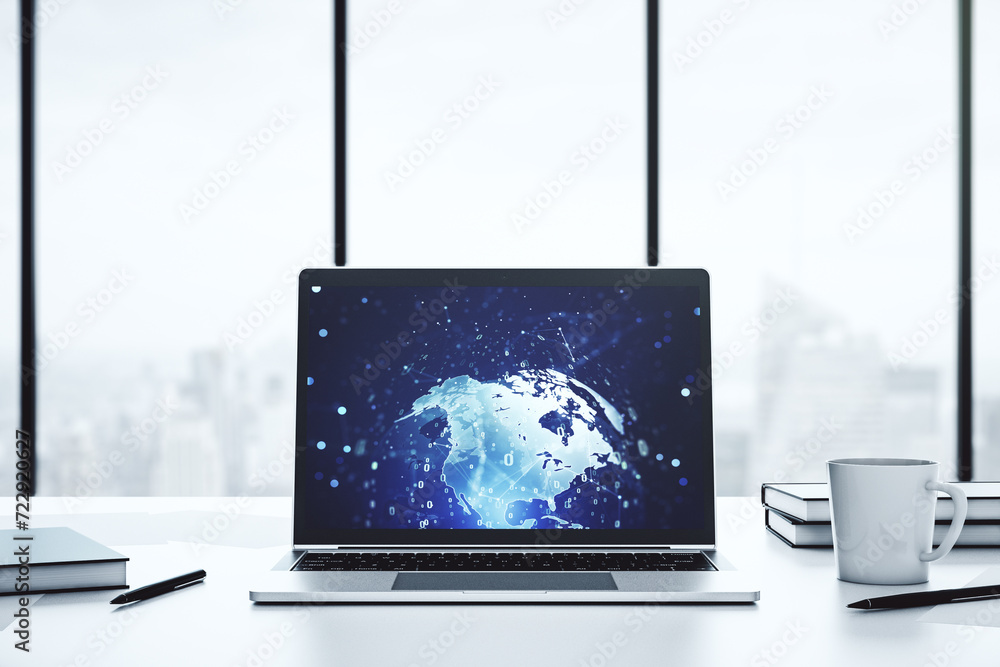Fototapete modern computer display with abstract software development hologram and world map, global research a