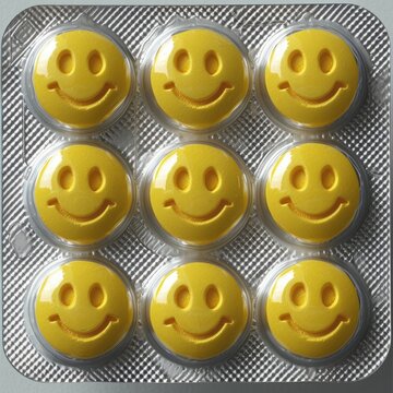 pill tab packaging, the pills are yellow smiley face circle pills, 