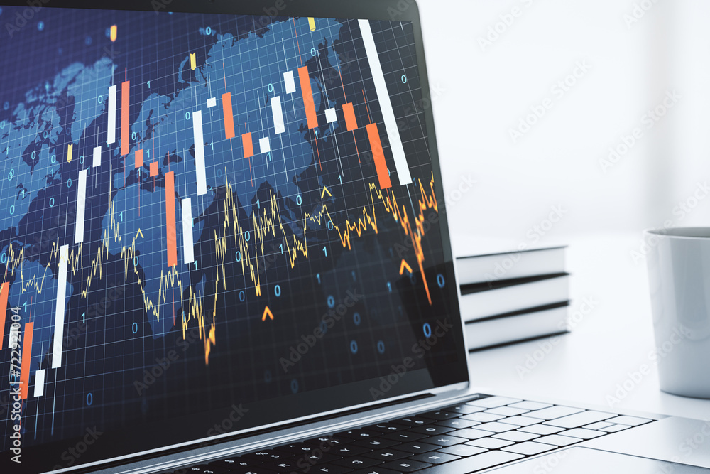 Poster computer monitor with abstract creative financial graph with world map, financial and trading concep