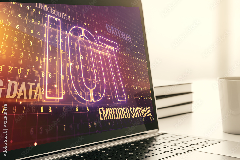 Poster creative iot concept on modern laptop screen. 3d rendering