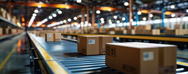conveyor belt in a distribution warehouse with row of cardboard box packages for e-commerce delivery  and automated logistics concepts as wide banner with copysapce area - Generative AI - obrazy, fototapety, plakaty