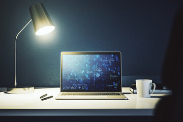 Creative scientific formula hologram on modern laptop monitor, research concept. 3D Rendering