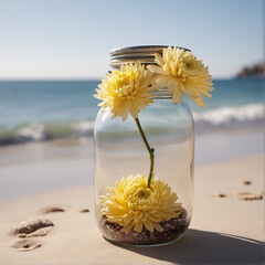A Captivating Chrysanthemum Jar Amidst Beach Serenity AI GENERATED