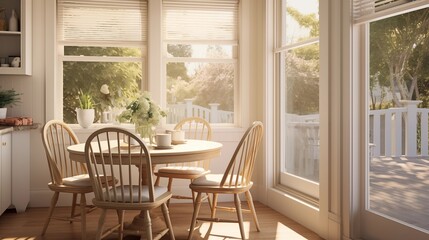 A breakfast nook with a sunlit dining table.