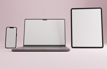 High end phone, tablet and laptop on pink studio backdrop. Blank mockup template screen.	