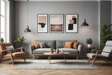 Minimal retro interior design of living room with grey couch
