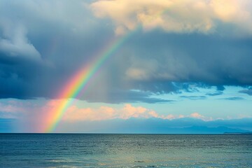 Dusk rainbow concept - Beautiful landscape with multi colored calm sea with rainbow at dusk