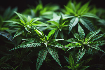 leaves of medical marijuana cannabis bushes on black background