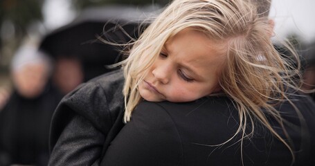 Sad, sleeping and a child with father at a funeral with comfort for depression while mourning....