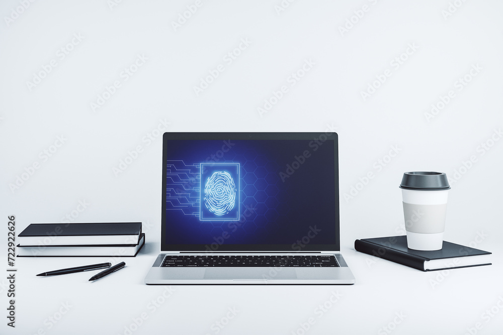 Poster abstract creative fingerprint concept on modern laptop screen. 3d rendering