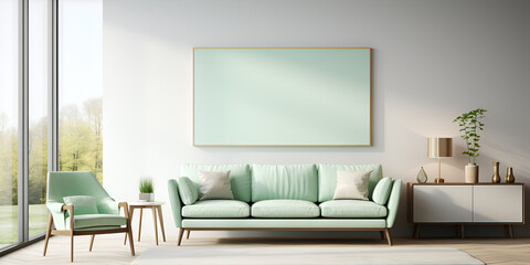 Sleek Minimalistic Minimalist Living Room With Mint Accents In 3d Rendering