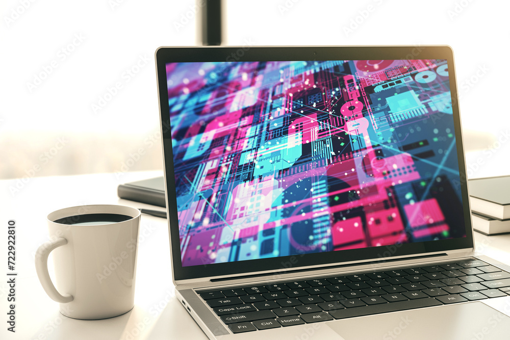 Aufkleber Modern computer display with abstract programming language hologram, artificial intelligence and machine learning concept. 3D Rendering