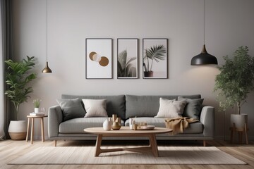 living room interior with comfortable sofa and elegant table - obrazy, fototapety, plakaty