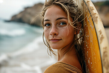 Surfing, portrait of a young woman surfer with a board standing on the seashore - obrazy, fototapety, plakaty