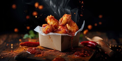 chicken classic nuggets tenders meal in container box ,boneless wings or chicken breast pieces in buffalo barbeque, or spicy sauce flying ingredients and spices food commercial ads, Generative AI - obrazy, fototapety, plakaty