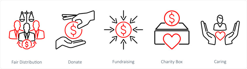 A set of 5 Charity and donation icons as fair distribution, donate, fundraising