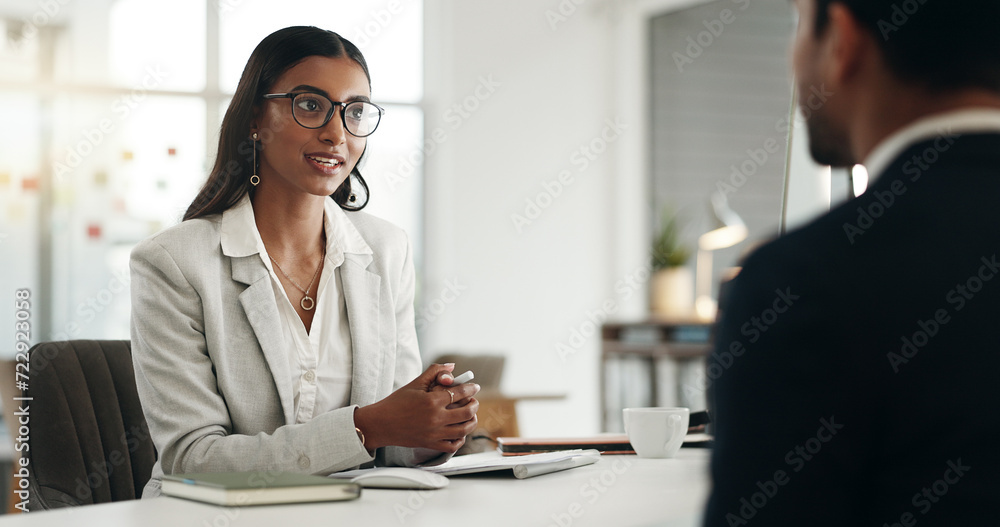 Poster interview, human resources and meeting with business people, conversation and hiring with b2b and re