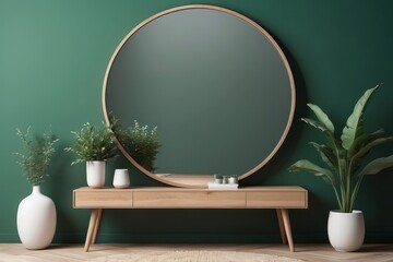 Round mirror and table with accessories near green wall in modern room interior