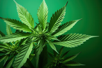 medical marijuana cannabis leaves on green background