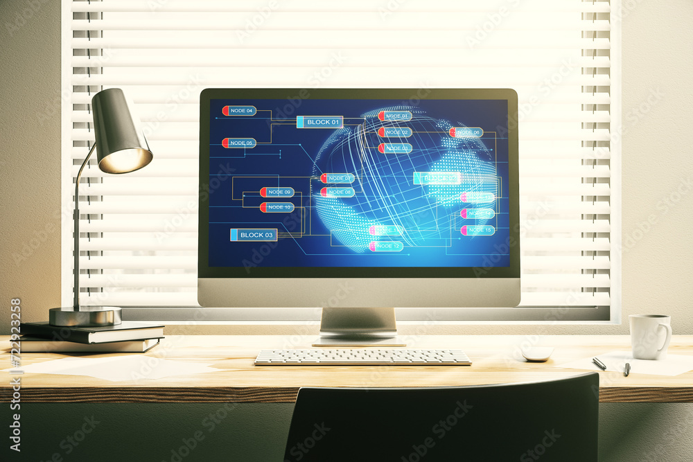 Aufkleber Modern computer display with abstract software development hologram and world map, global research and analytics concept. 3D Rendering