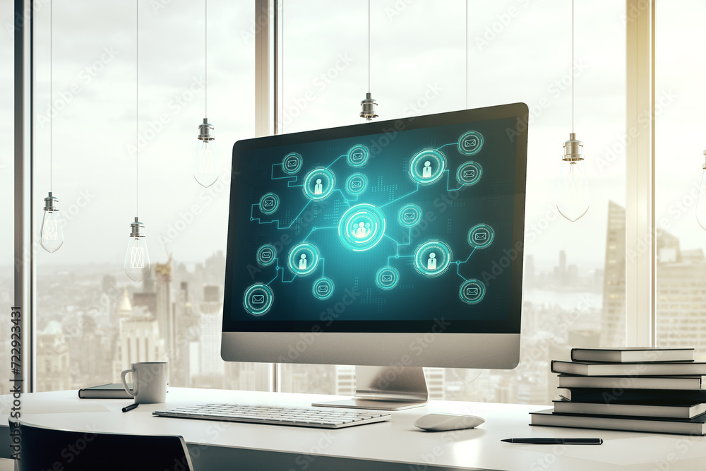 Aufkleber Modern computer monitor with social network icons concept. Marketing and promotion concept. 3D Rendering