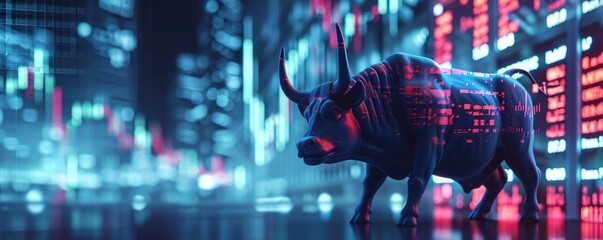 A majestic bull stands tall in a bustling city, its red and blue markings symbolizing the bullish trend of the stock market and crypto world as it confidently leads the way towards financial success - obrazy, fototapety, plakaty