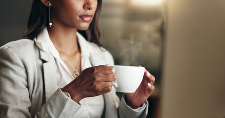 Coffee, night thinking and business woman work at office with computer data for job. Female...