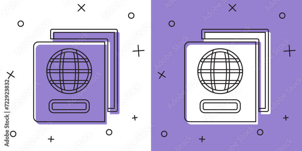 Poster set passport with biometric data icon isolated on white and purple background. identification docume