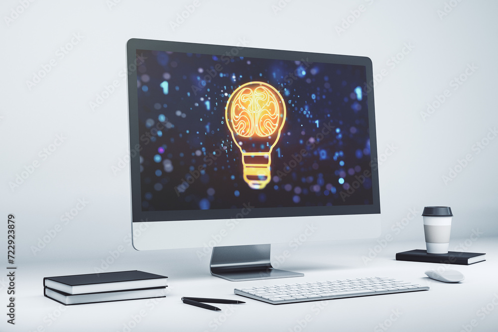 Poster Creative light bulb with human brain hologram on modern laptop monitor, artificial Intelligence and neural networks concept. 3D Rendering