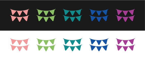 Set Carnival garland with flags icon isolated on black and white background. Party pennants for birthday celebration, festival decoration. Vector