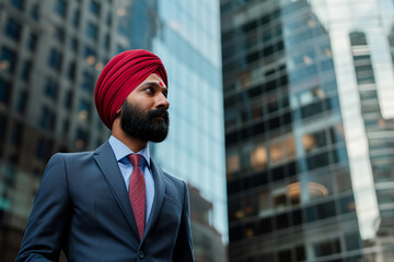 Fototapeta premium Young Hindu businessman in a turban against the background of office buildings, selective focus