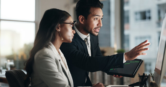 Computer, tablet and professional team, stock market and consulting on NFT data, trading insight or IPO analytics. Finance partner, broker discussion and business people teamwork on crypto statistics