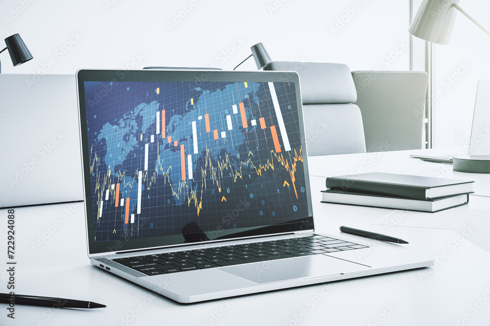 Poster computer monitor with abstract creative financial graph with world map, financial and trading concep