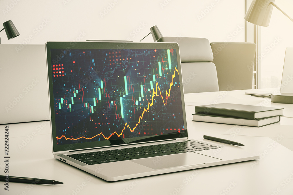 Poster computer monitor with abstract financial graph, finance and trading concept. 3d rendering