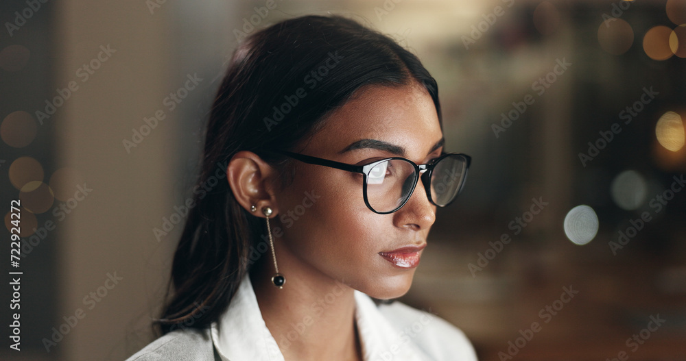 Poster Internet, reflection and woman in office with glasses, overtime at computer with planning and thinking. Vision, research and businesswoman typing email, late at night work on future ideas for agency.