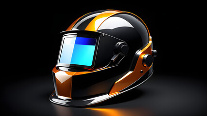 Fototapeta premium 3d industrial welding helmet icon. company safety helmet. isolated on a black background. With black copy space 