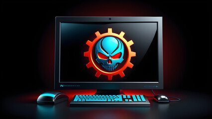 computer system virus icon clipart isolated on a black background. With black copy space. cyber crime and cyber security. ransomwar, cyber security, crypto locke. Online danger. Virus scanner. Malw