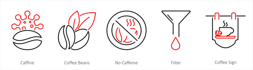 A set of 5 Coffee icons as caffiene, coffee beans, no caffiene