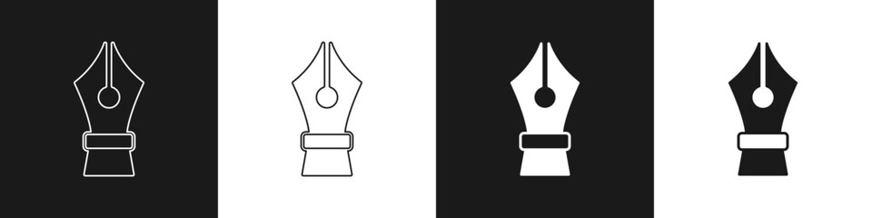 Set Fountain pen nib icon isolated on black and white background. Pen tool sign. Vector