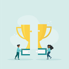 Win-win situation, agreement or solution to win together, solution to achieve the best result, teamwork to achieve success and achieve a goal together. Vector illustration. A guy and a girl are each h