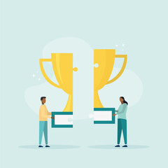 Win-win situation, agreement or solution to win together, solution to achieve the best result, teamwork to achieve success and achieve a goal together. Vector illustration. A guy and a girl are each h