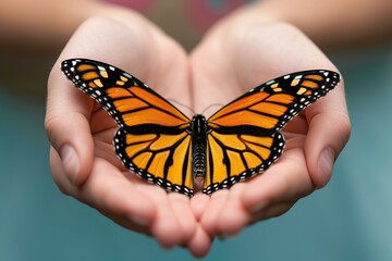 Orange monarch butterfly in female hands