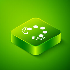 Isometric Juggling ball icon isolated on green background. Green square button. Vector